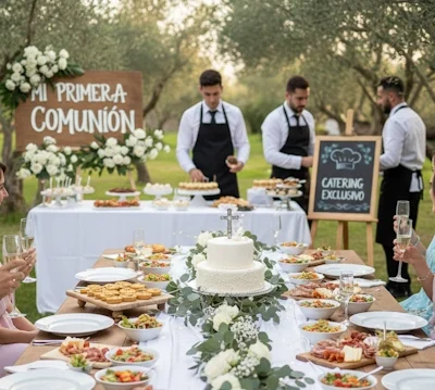 Mesa de comunión preparada por catering profesional sin estrés